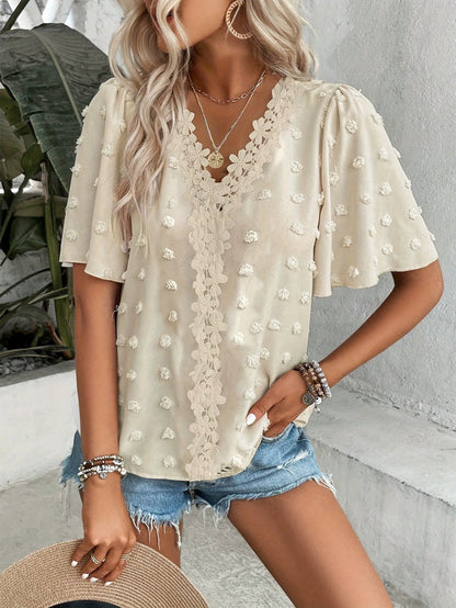 🔥 Elegant Swiss Dot Lace Butterfly Sleeve Shirt, Long Sleeve Commuter Top, Loose Fit Casual Summer Blouse for Women