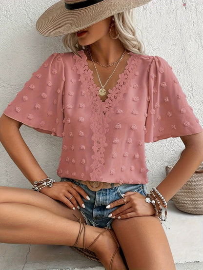 🔥 Elegant Swiss Dot Lace Butterfly Sleeve Shirt, Long Sleeve Commuter Top, Loose Fit Casual Summer Blouse for Women