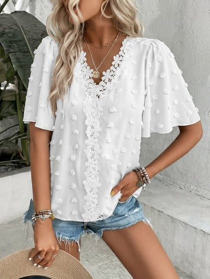 🔥 Elegant Swiss Dot Lace Butterfly Sleeve Shirt, Long Sleeve Commuter Top, Loose Fit Casual Summer Blouse for Women