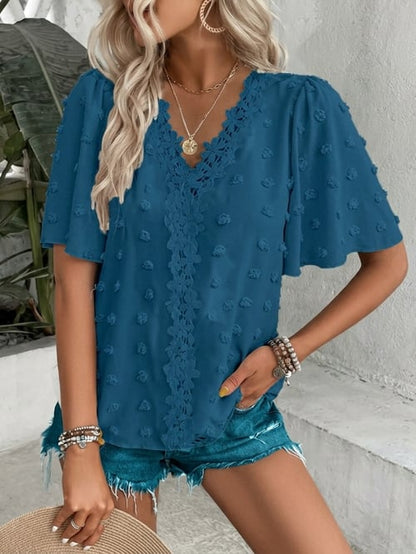 🔥 Elegant Swiss Dot Lace Butterfly Sleeve Shirt, Long Sleeve Commuter Top, Loose Fit Casual Summer Blouse for Women