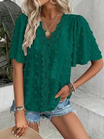 🔥 Elegant Swiss Dot Lace Butterfly Sleeve Shirt, Long Sleeve Commuter Top, Loose Fit Casual Summer Blouse for Women