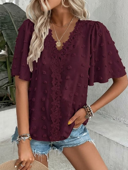 🔥 Elegant Swiss Dot Lace Butterfly Sleeve Shirt, Long Sleeve Commuter Top, Loose Fit Casual Summer Blouse for Women